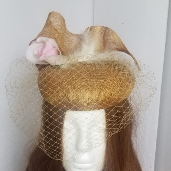 gold veiled button hat closer view
