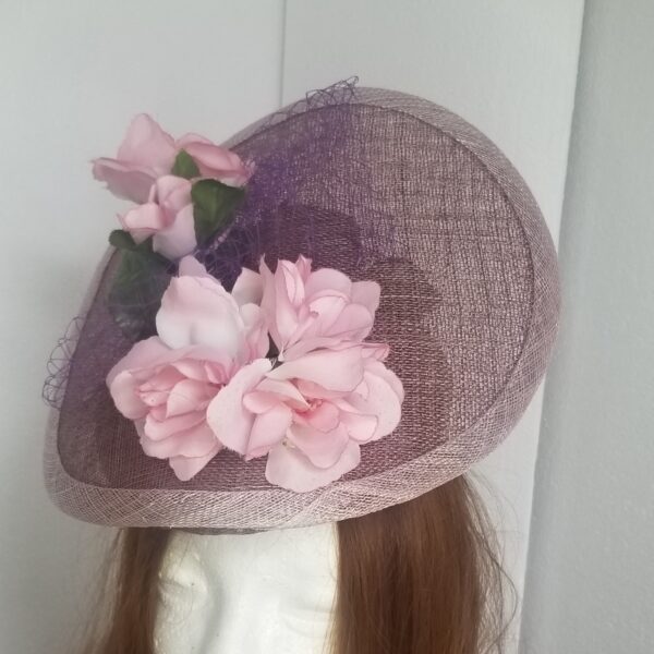 large lilac floral hat close up