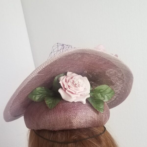 large lilac floral hat reverse side