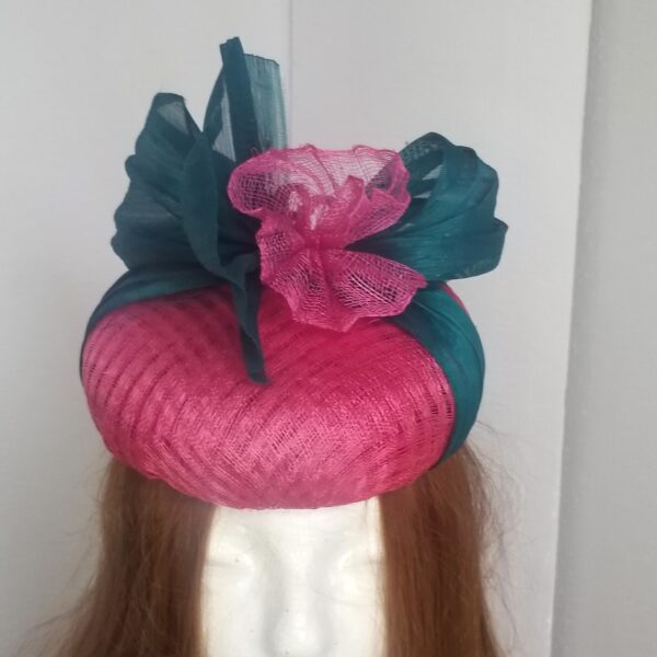 pink lattice button hat with aqua silk abaca trim