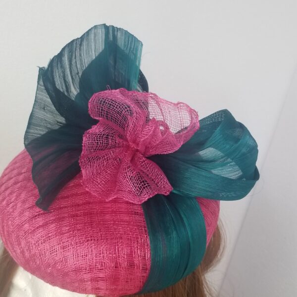 pink lattice button hat with aqua trim top view