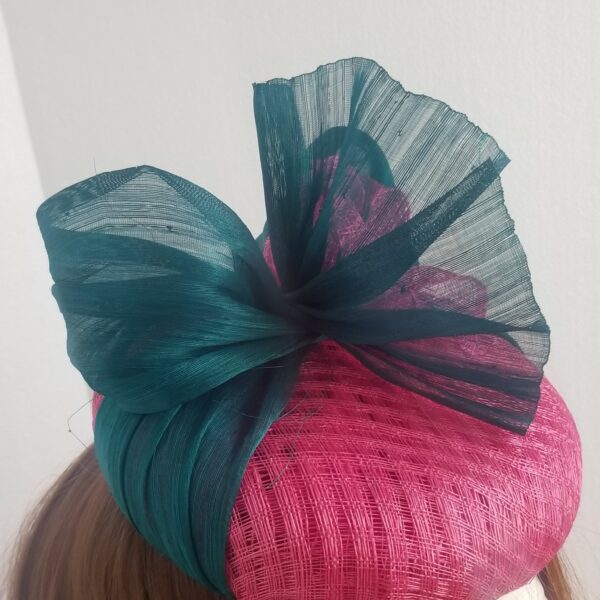 pink lattice button hat with aqua silk trim reverse side
