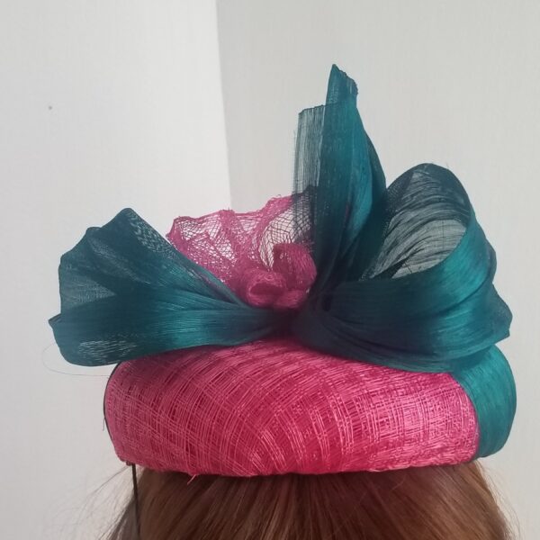 pink lattice button had with aqua silk trim side view