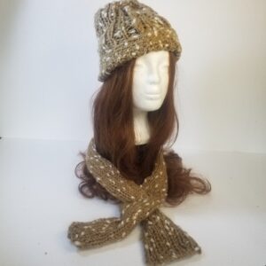 beige knitted beanie hat and scarf set