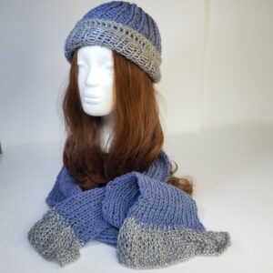 blue and grey hat and scarf set