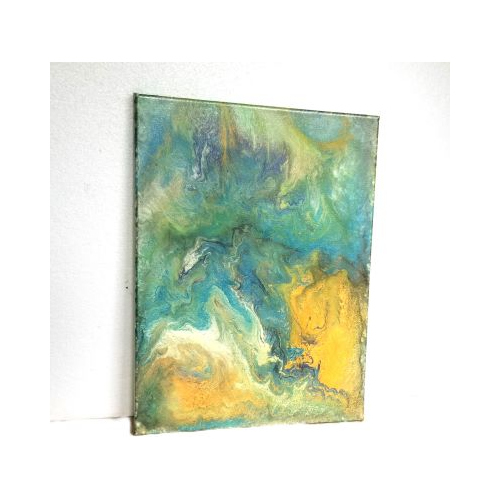 blue and yellow metallic acrylic pour