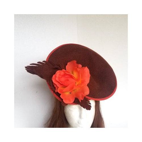 Brown felt hatinator with orange rose
